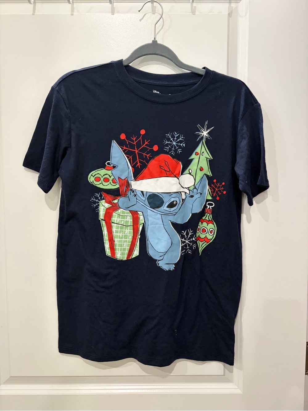 Disney Navy Blue Stitch Holiday Graphic Tee with Red & Green Accents